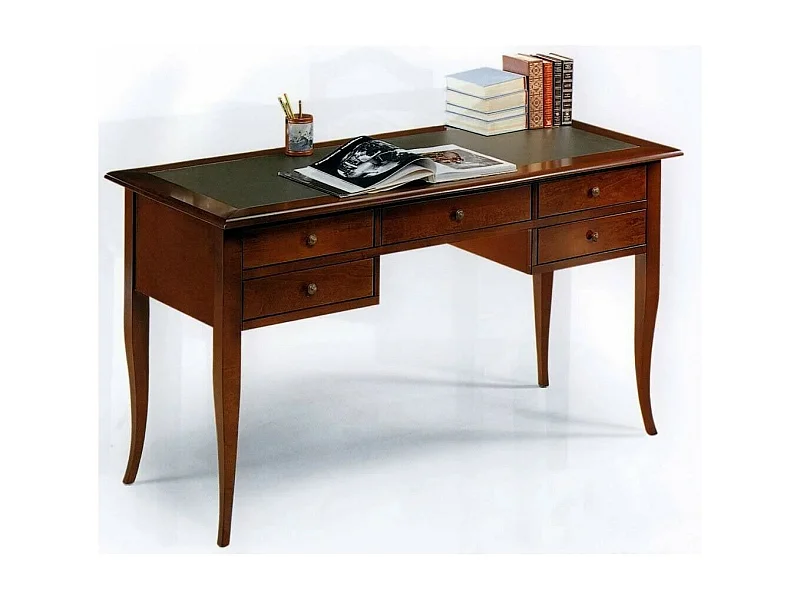 MOBILI 2G - SCRIVANIA ARTE POVERA PIANO PELLE LEGNO TINTA NOCE 150x75x81 (135)