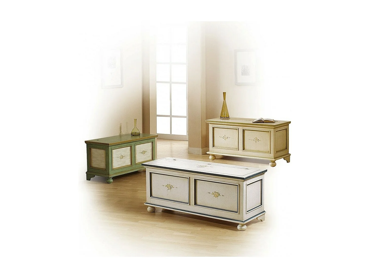 MOBILI 2G - Cassapanca in legno bianco con profilo azzurro L.120 x P.44 H.51 (1350)