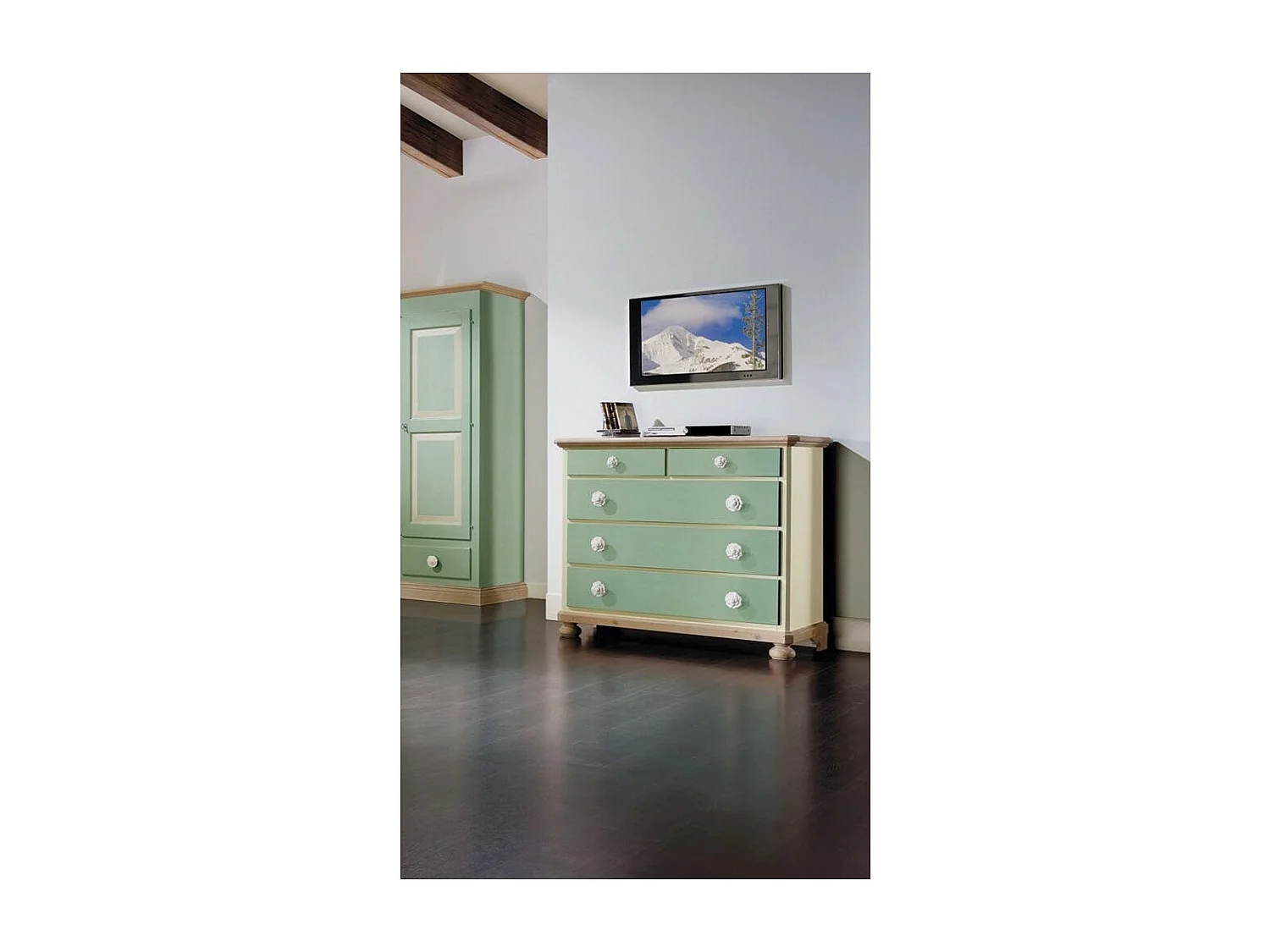 MOBILI 2G - COMO 5 CASSETTI IN LEGNO VERDE E MIELE L.118 P.52 H.99 (2212)