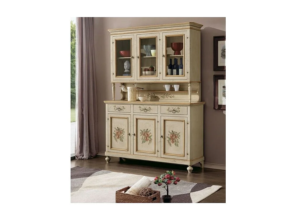 MOBILI 2G - cristalliera provenzale in legno shabby avorio ocra 3 porte 160x50x221 (1460+1461)