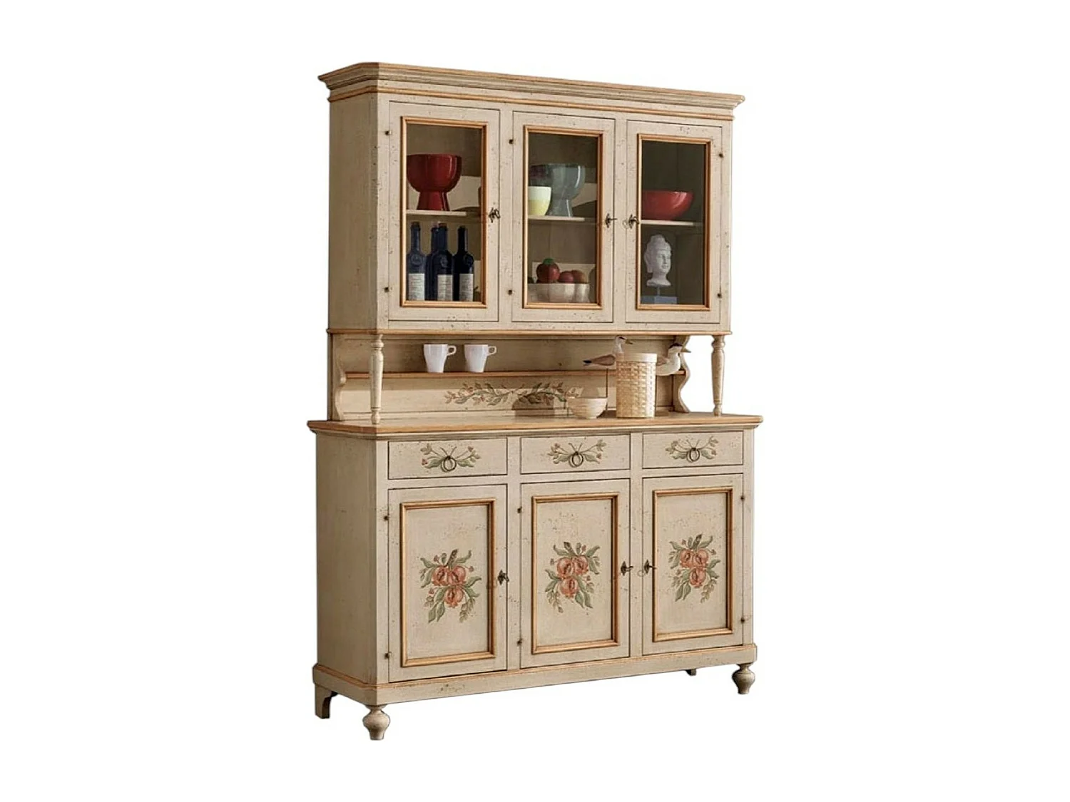 MOBILI 2G - cristalliera provenzale in legno shabby avorio ocra 3 porte 160x50x221 (1460+1461)