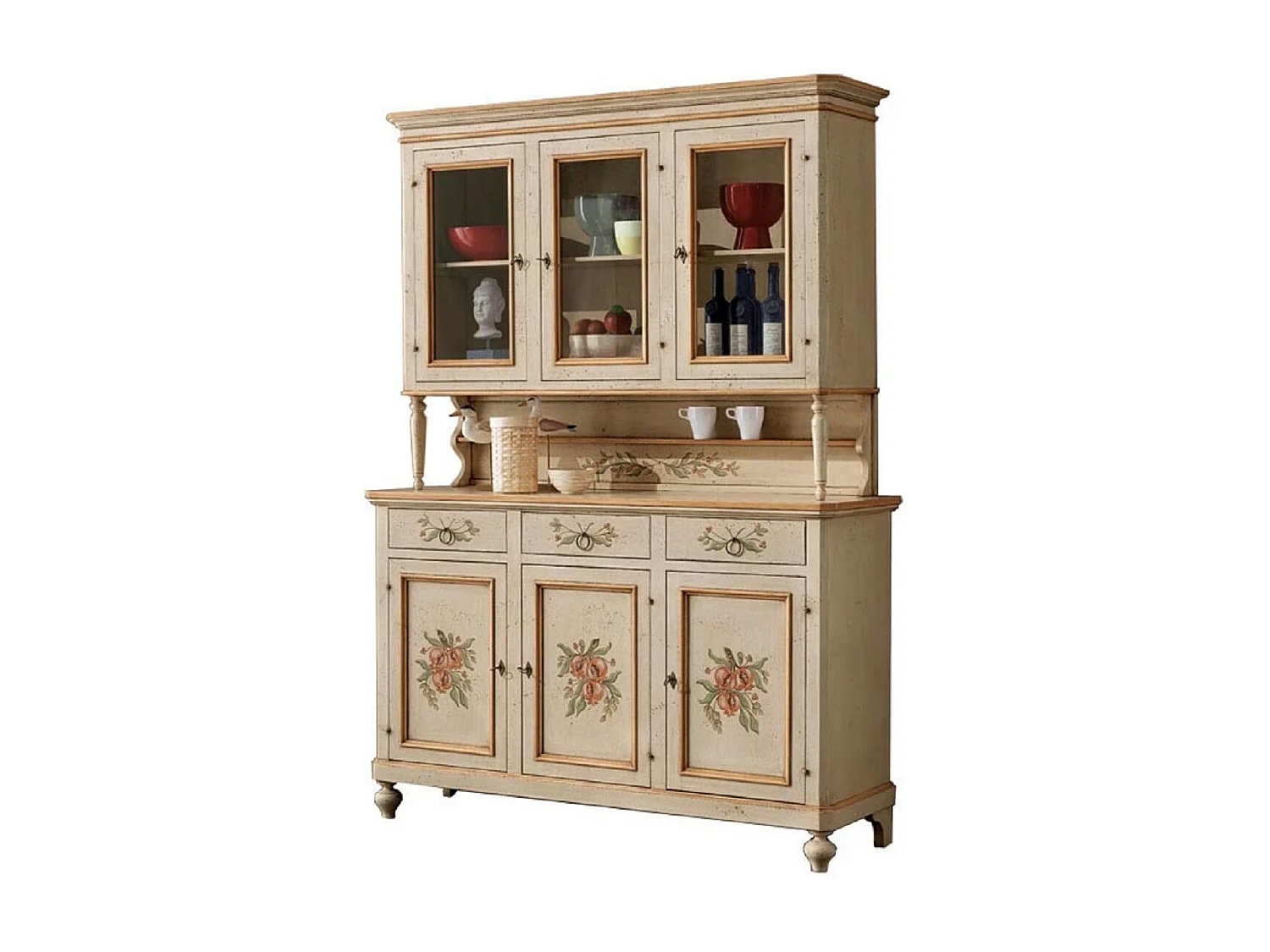 MOBILI 2G - cristalliera provenzale in legno shabby avorio ocra 3 porte 160x50x221 (1460+1461)