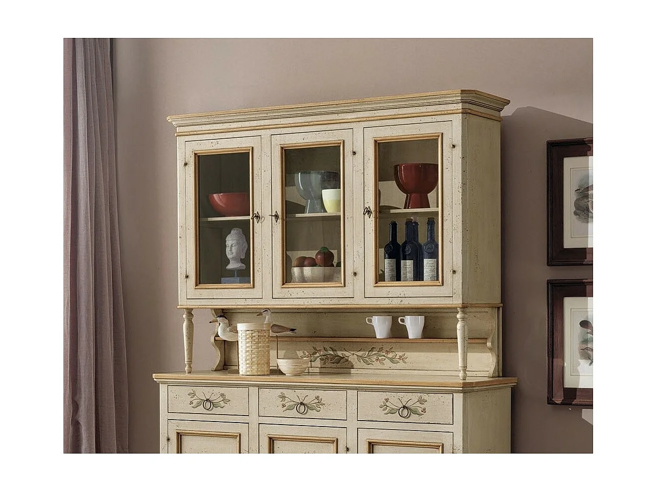 MOBILI 2G - cristalliera provenzale in legno shabby avorio ocra 3 porte 160x50x221 (1460+1461)