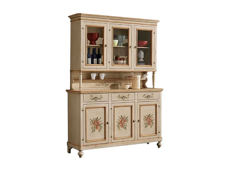 MOBILI 2G - cristalliera provenzale in legno shabby avorio ocra 3 porte 160x50x221 (1460+1461)