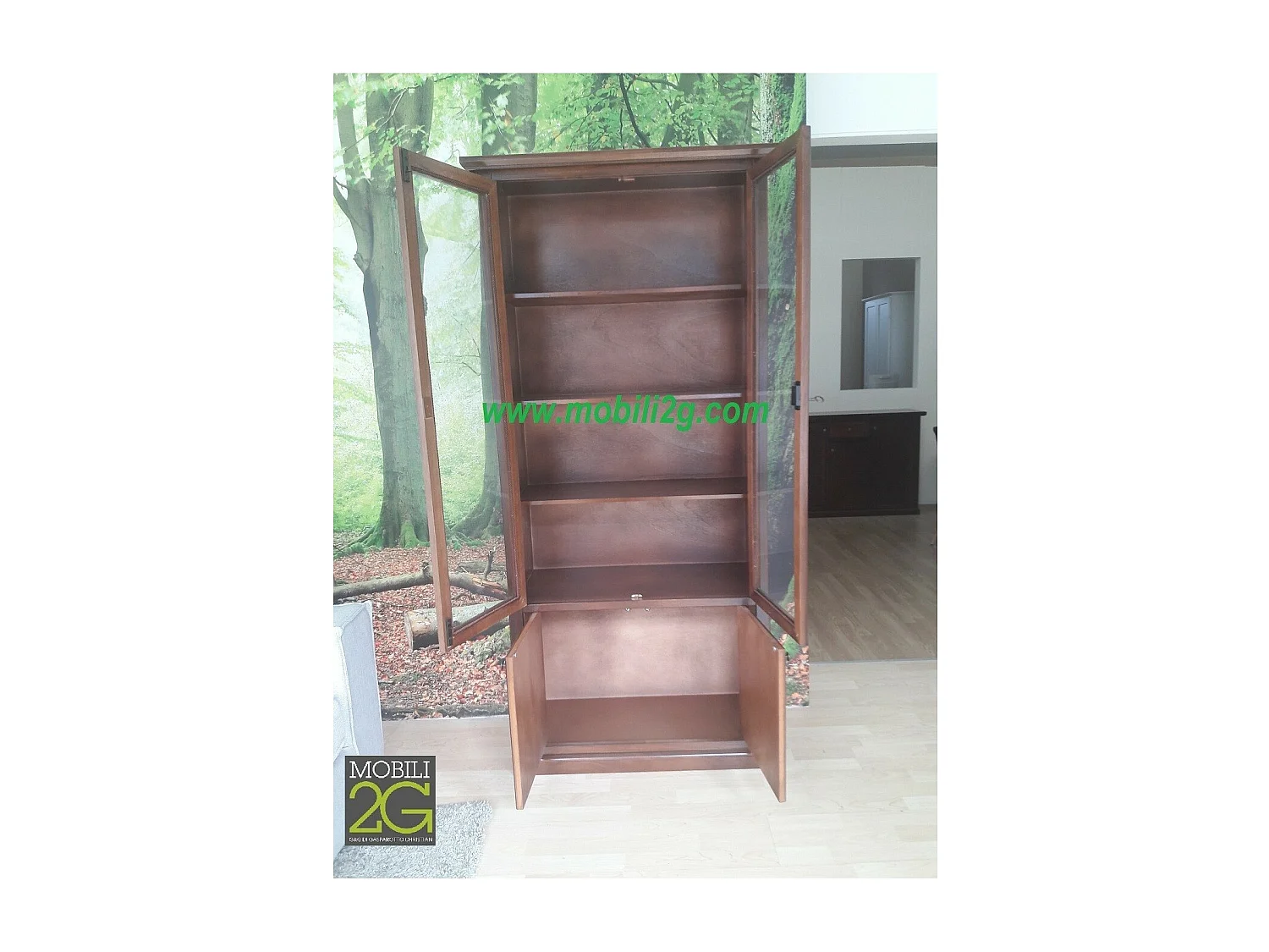 MOBILI 2G - VETRINA ARTE POVERA 2 PORTE IN LEGNO TINTA NOCE 90X41X186 (387)