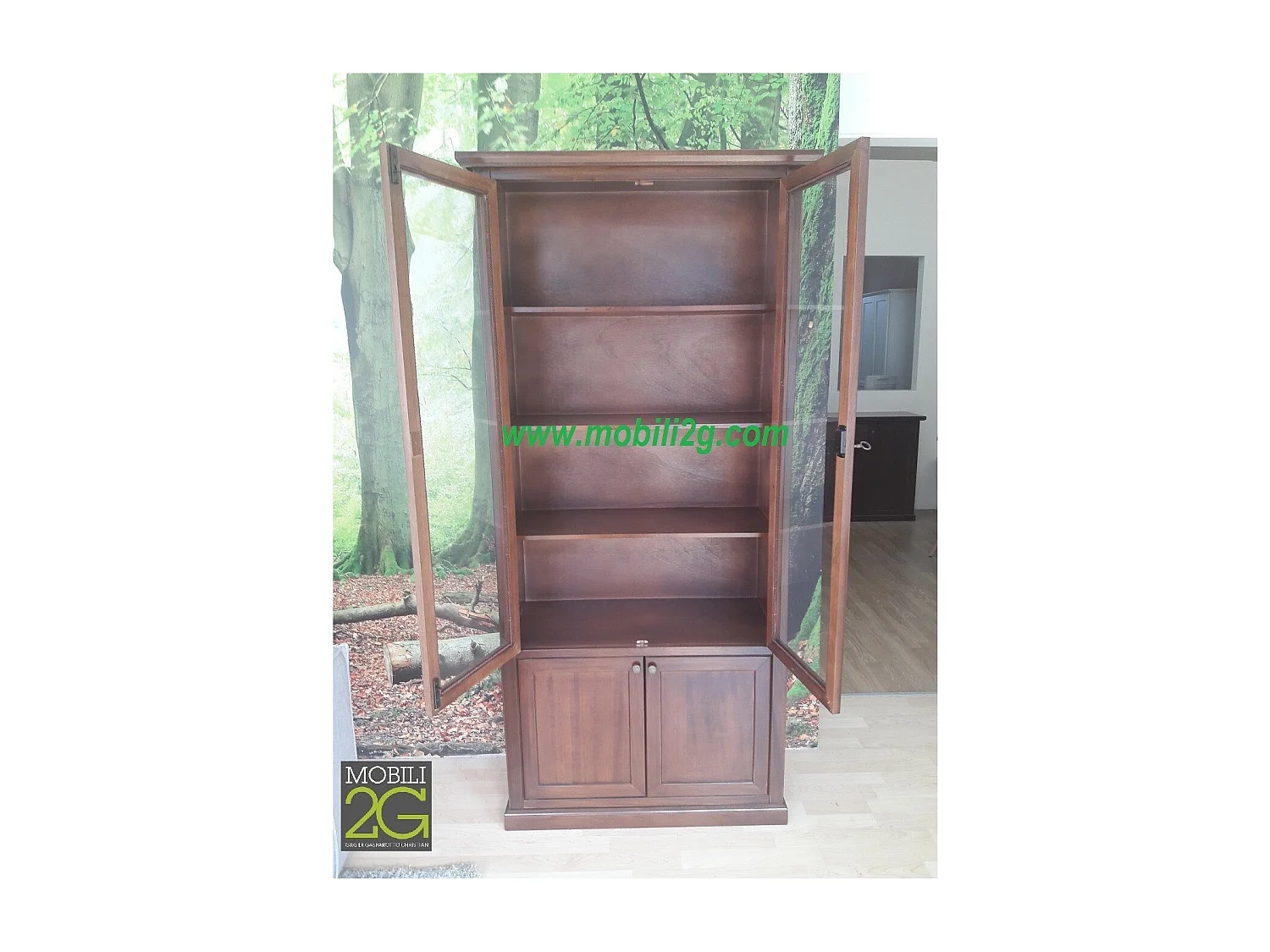 MOBILI 2G - VETRINA ARTE POVERA 2 PORTE IN LEGNO TINTA NOCE 90X41X186 (387)