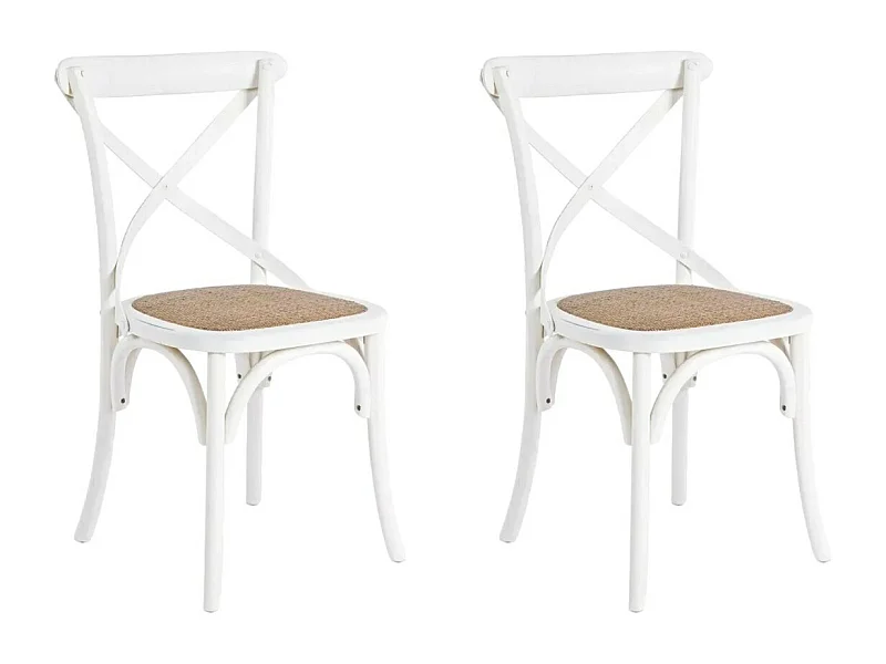 MOBILI 2G - SET 2 Sedie Cross Bistrot Shabby Vintage Bianco Olmo Seduta Rivestita Rattan Naturale Modello (6086)