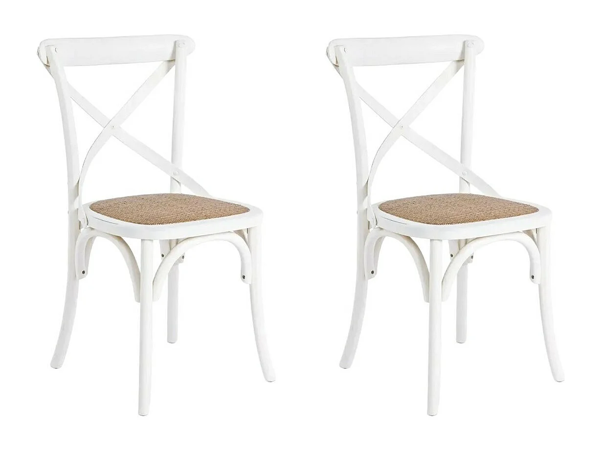 MOBILI 2G - SET 2 Sedie Cross Bistrot Shabby Vintage Bianco Olmo Seduta Rivestita Rattan Naturale Modello (6086)