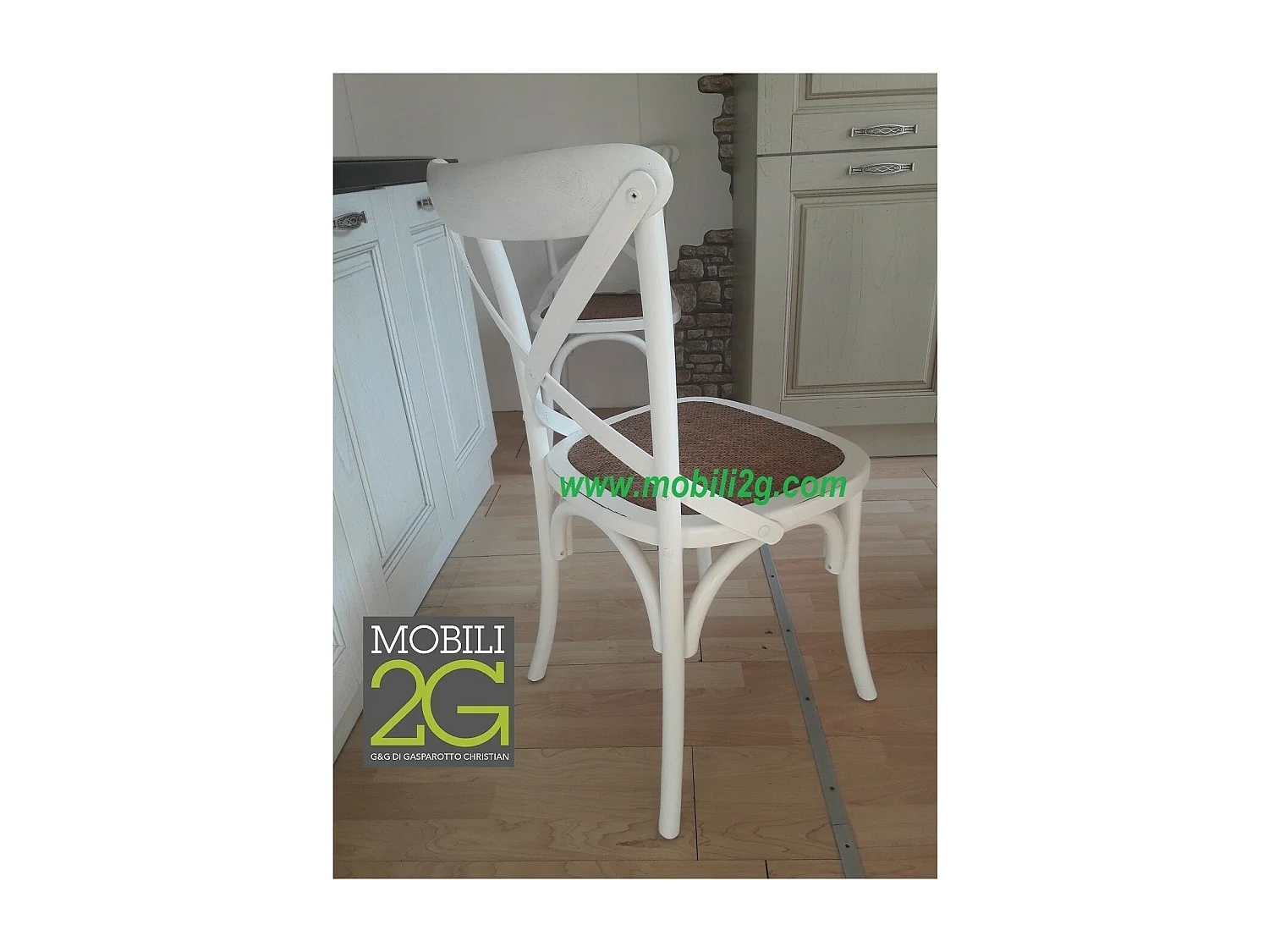 MOBILI 2G - SET 2 Sedie Cross Bistrot Shabby Vintage Bianco Olmo Seduta Rivestita Rattan Naturale Modello (6086)