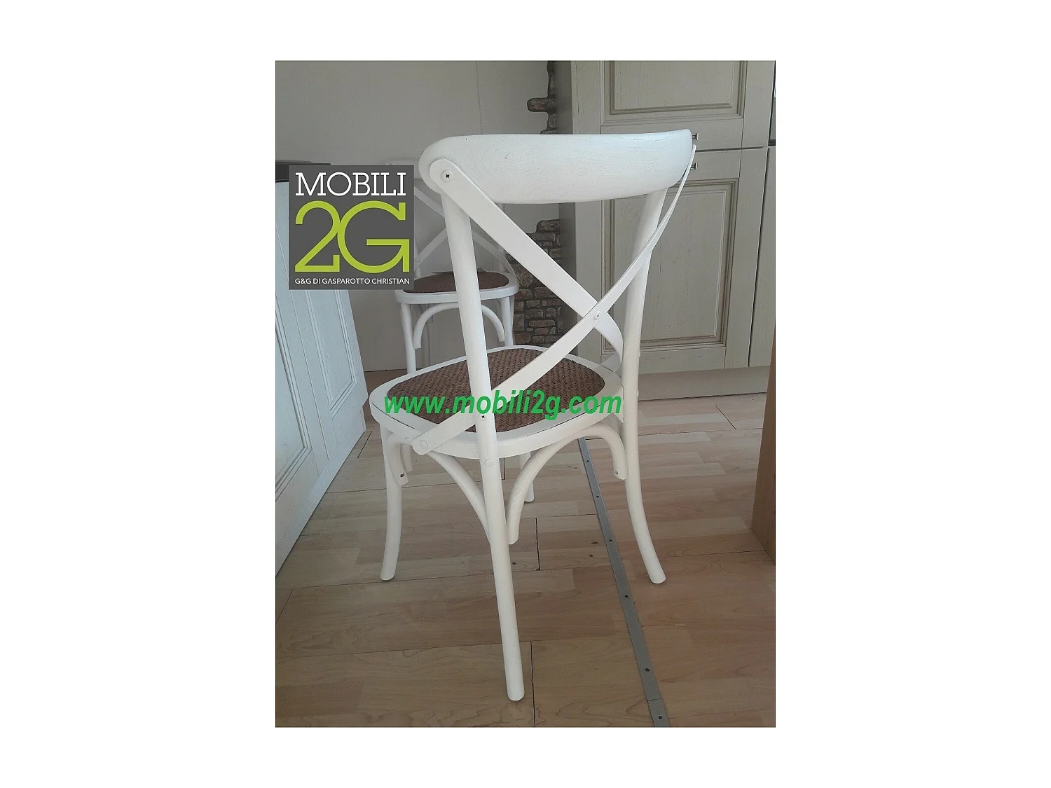 MOBILI 2G - SET 2 Sedie Cross Bistrot Shabby Vintage Bianco Olmo Seduta Rivestita Rattan Naturale Modello (6086)