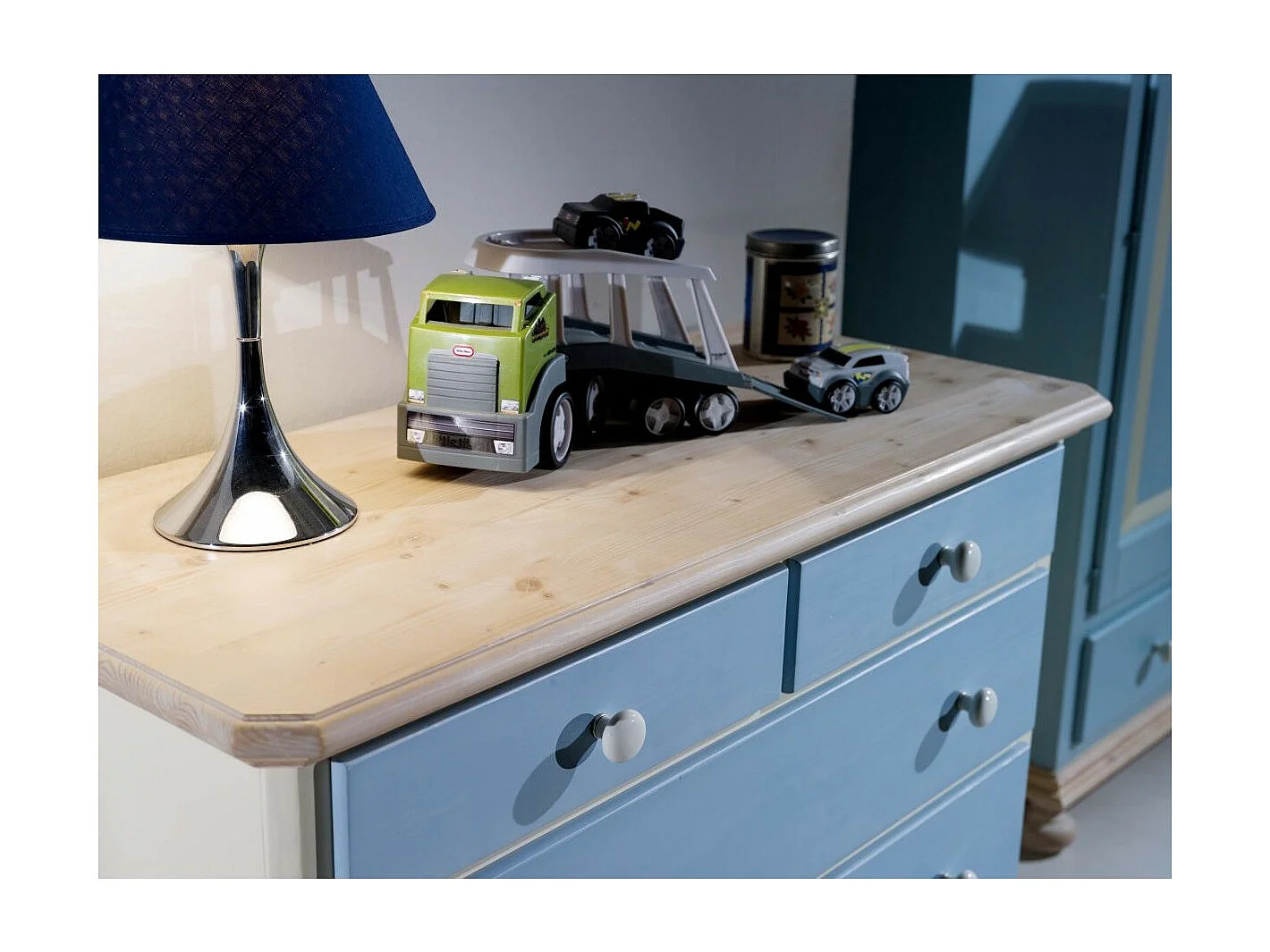 MOBILI 2G - COMO 5 CASSETTI IN LEGNO AZZURRO MIELE L.118 P.52 H.99 (2210)