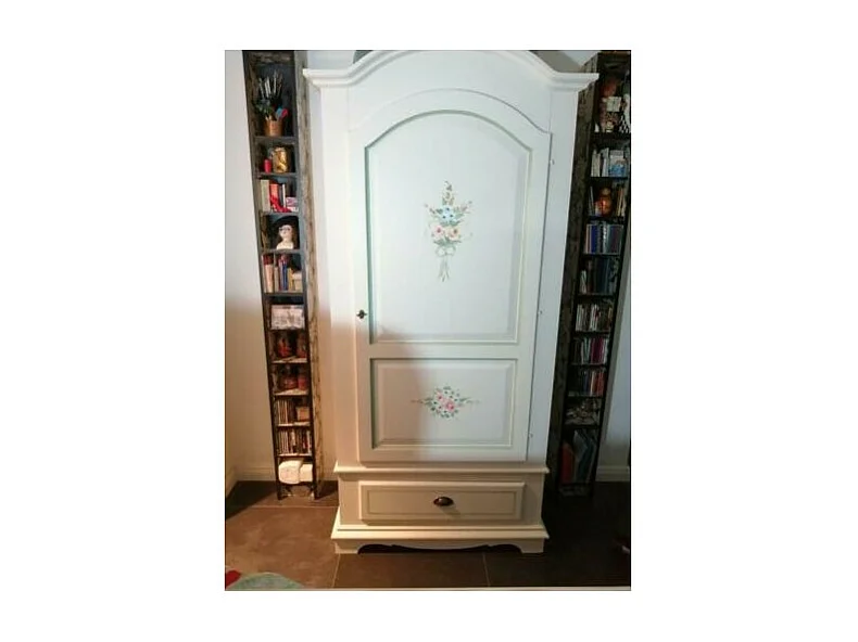 MOBILI 2G - ARMADIO 1 PORTA IN LEGNO SHABBY BIANCO DECORATO 96X56X196 (584)