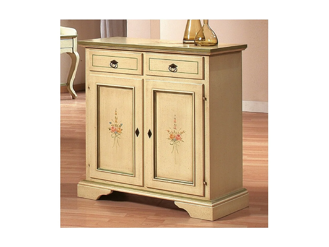 MOBILI 2G - Credenza 2 porte 2 cassetti Legno shabby avorio patinato filo verde 90x40x94 (1331)