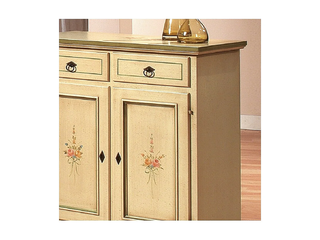 MOBILI 2G - Credenza 2 porte 2 cassetti Legno shabby avorio patinato filo verde 90x40x94 (1331)