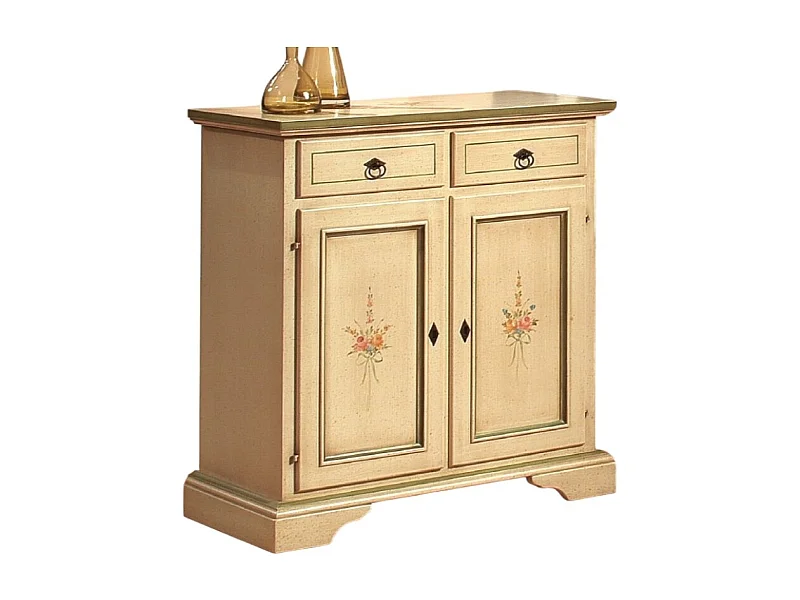 MOBILI 2G - Credenza 2 porte 2 cassetti Legno shabby avorio patinato filo verde 90x40x94 (1331)