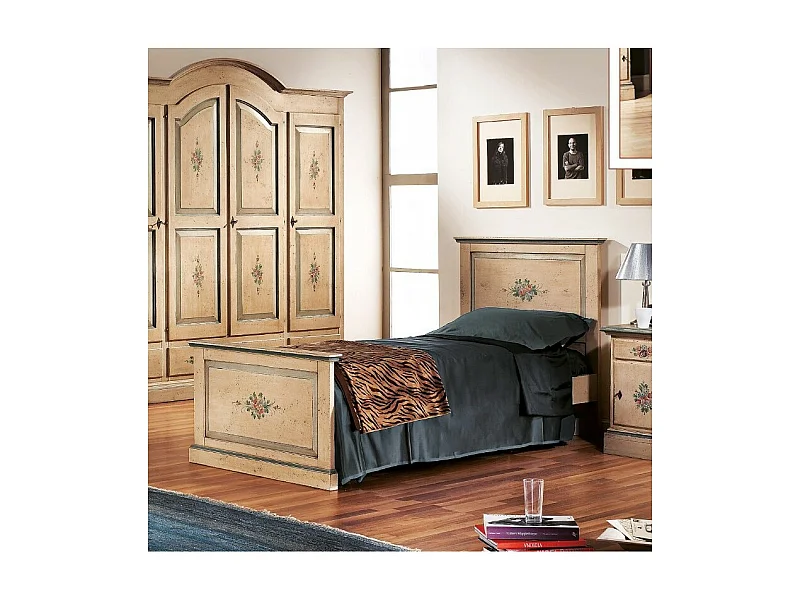 MOBILI 2G - LETTO  DRITTO SINGOLO AVORIO ANTICO FILO AZZURRO IN LEGNO 103x209x110 (1431)