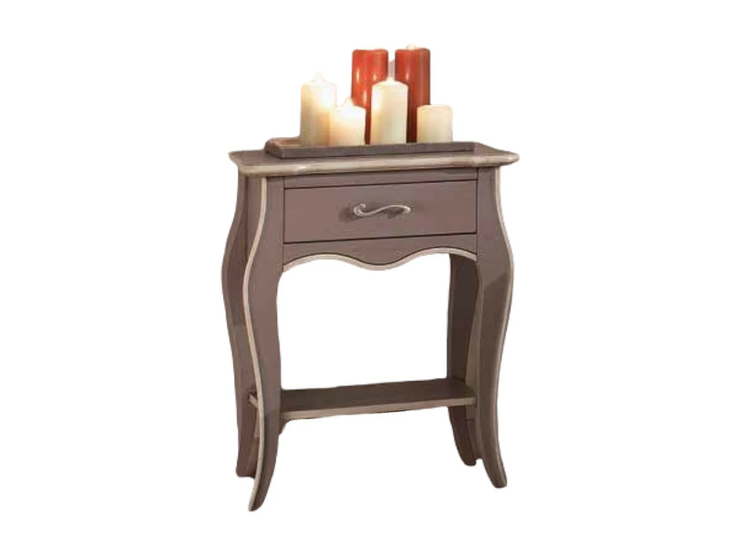 MOBILI 2G - COMODINO 1 CASSETTO 1 RIPIANO LACCATO TORTORA ANTICATO CON PROFILO AVORIO MISURE L.54 P.36 H.69 (1480)