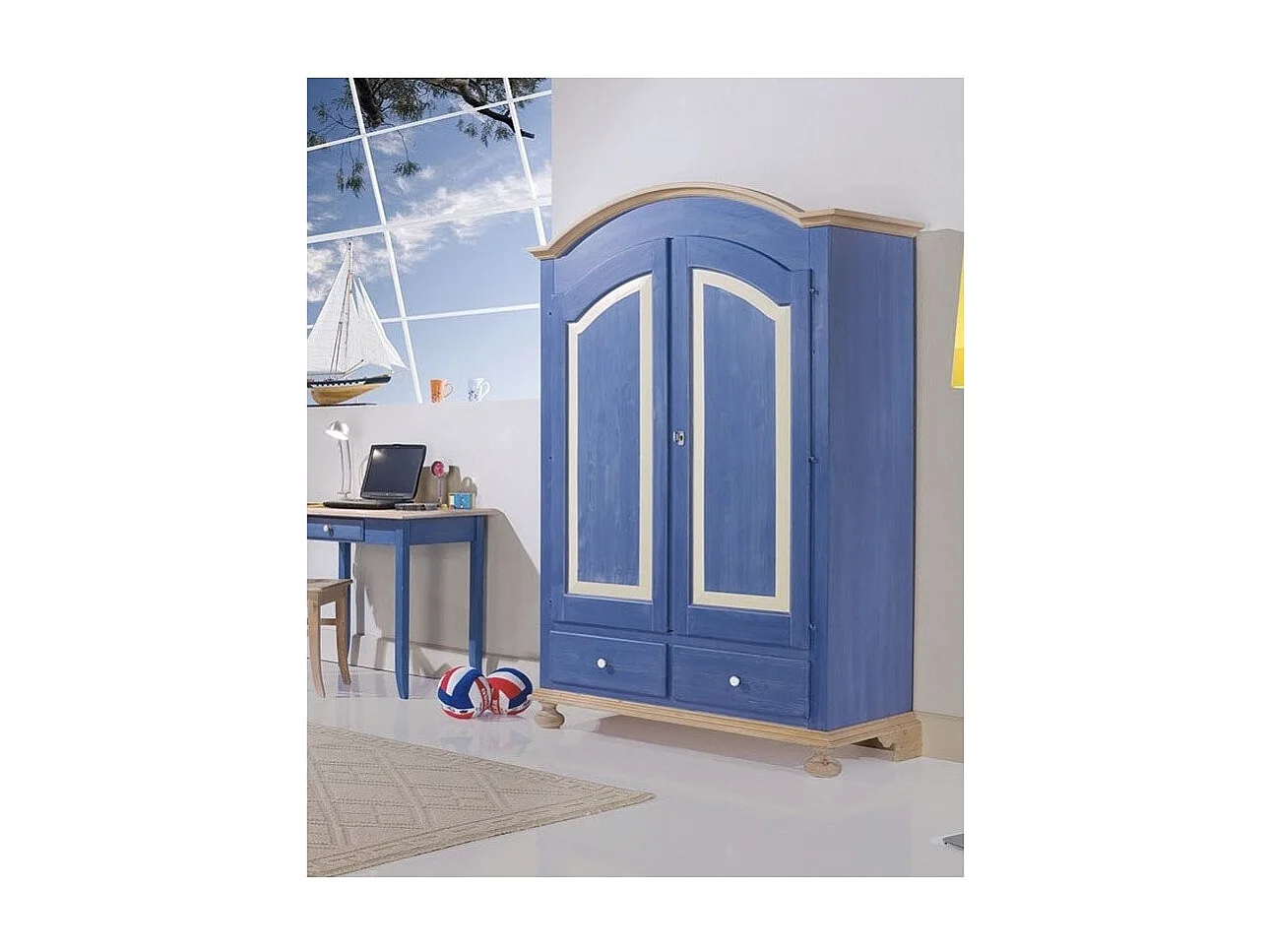 MOBILI 2G - Armadio 2 porte in legno blu e miele shabby 125x60x200 (2202)
