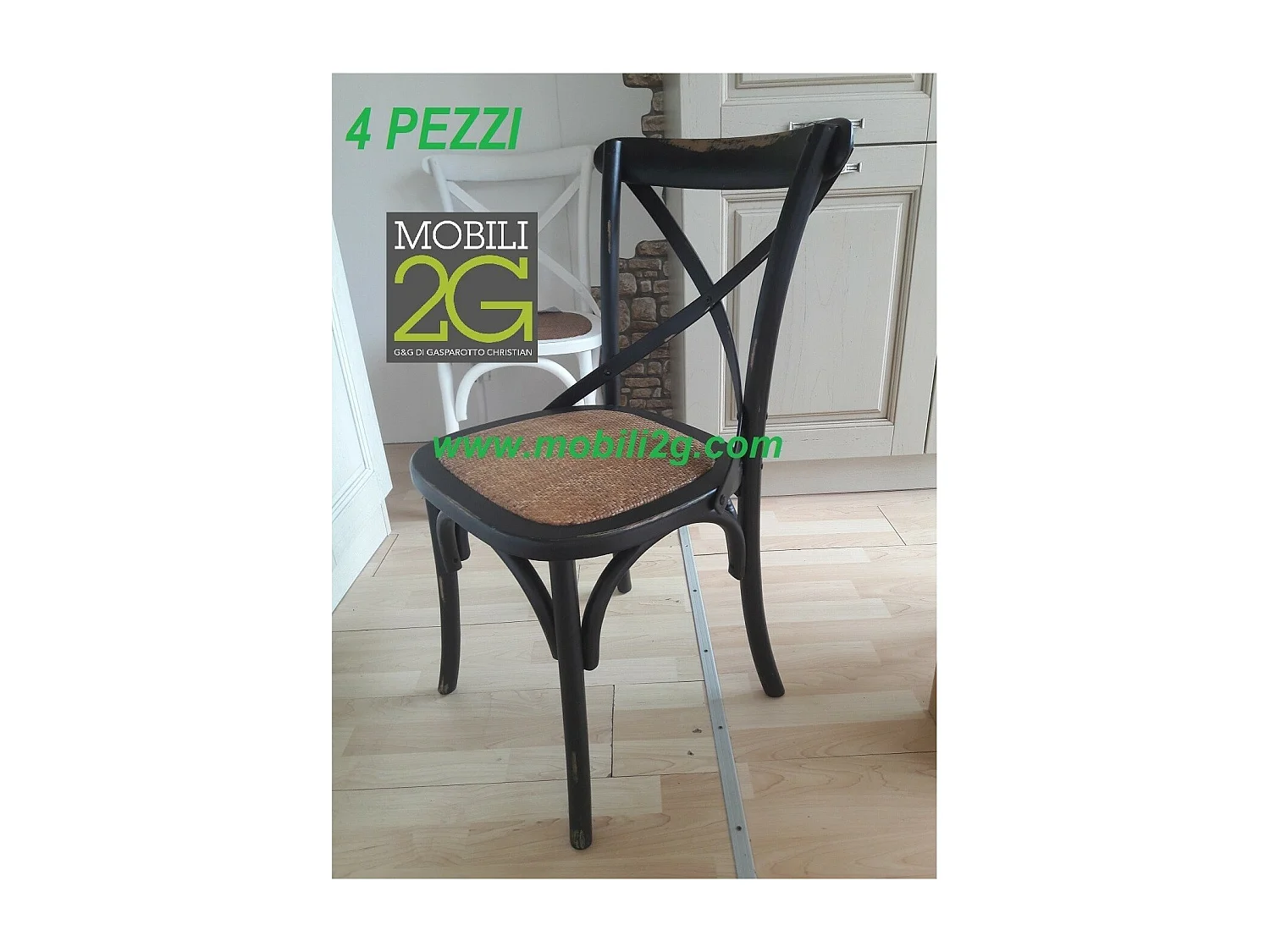 MOBILI 2G - SET 2 Sedie Cross Bistrot  vintage Nero in Olmo seduta rivestita naturale (781)