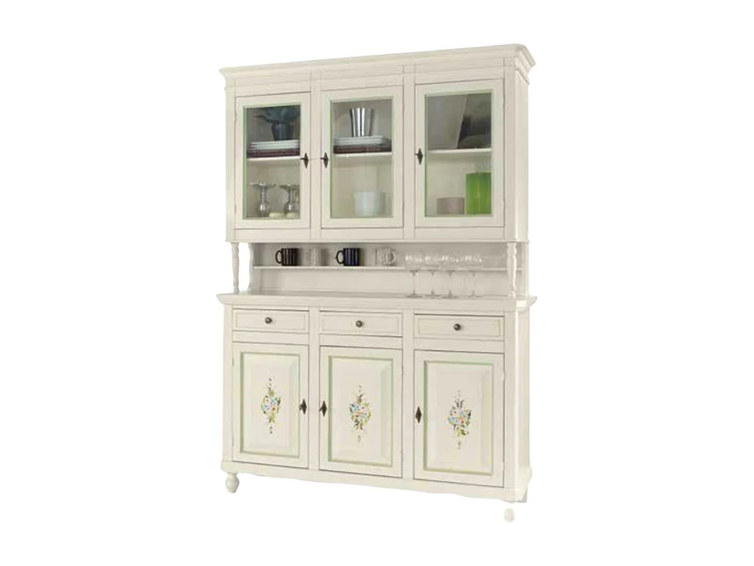 MOBILI 2G - CRISTALLIERA 3 PORTE NAPOLETANA LEGNO BIANCO SPORCO DECORI L.150 P.43 H.208 (492)