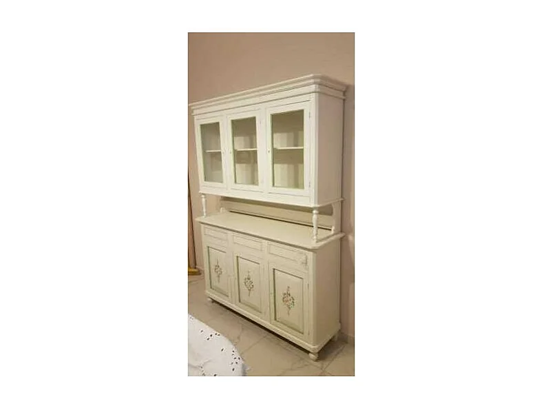 MOBILI 2G - CRISTALLIERA 3 PORTE NAPOLETANA LEGNO BIANCO SPORCO DECORI L.150 P.43 H.208 (492)