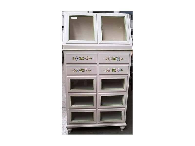 MOBILI 2G - DISPENSA 10 CASSETTI 2 ANTE LEGNO BIANCO SPORCO E PROFILI VERDI 80X42X153 (501)