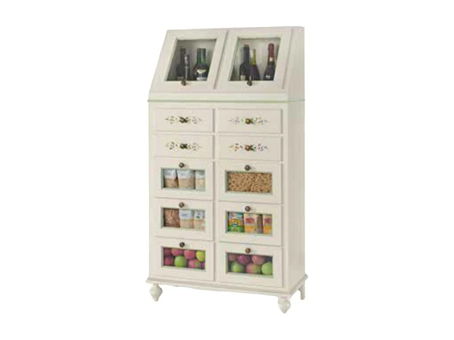 MOBILI 2G - DISPENSA 10 CASSETTI 2 ANTE LEGNO BIANCO SPORCO E PROFILI VERDI 80X42X153 (501)