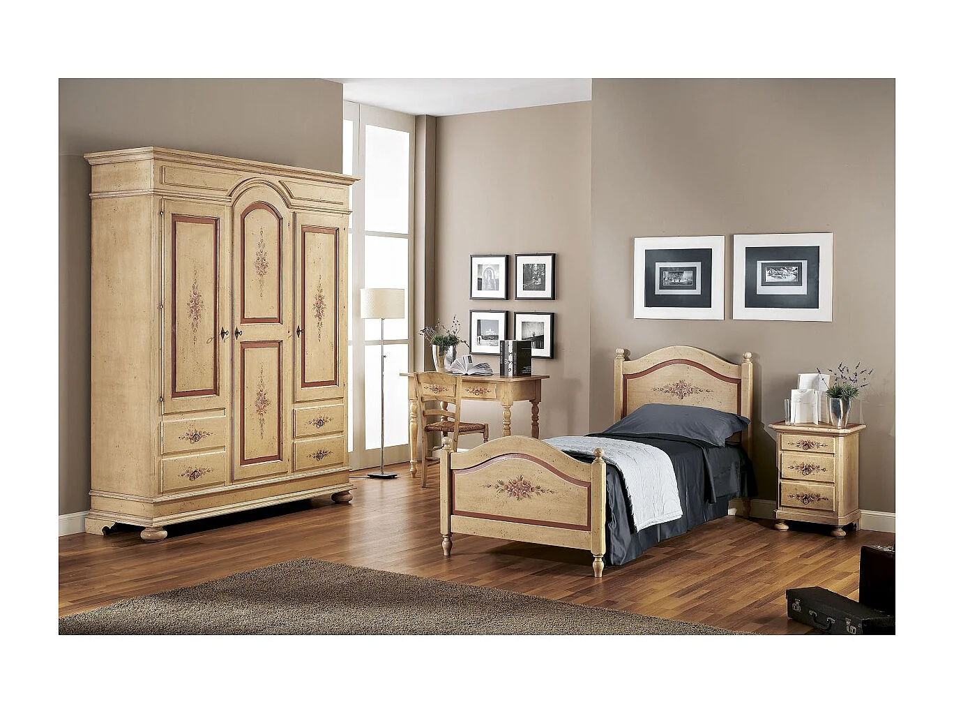 MOBILI 2G - LETTO SAGOMATO SINGOLO AVORIO ANTICO FILO ROSSO IN LEGNO 99x212x112 (1425)