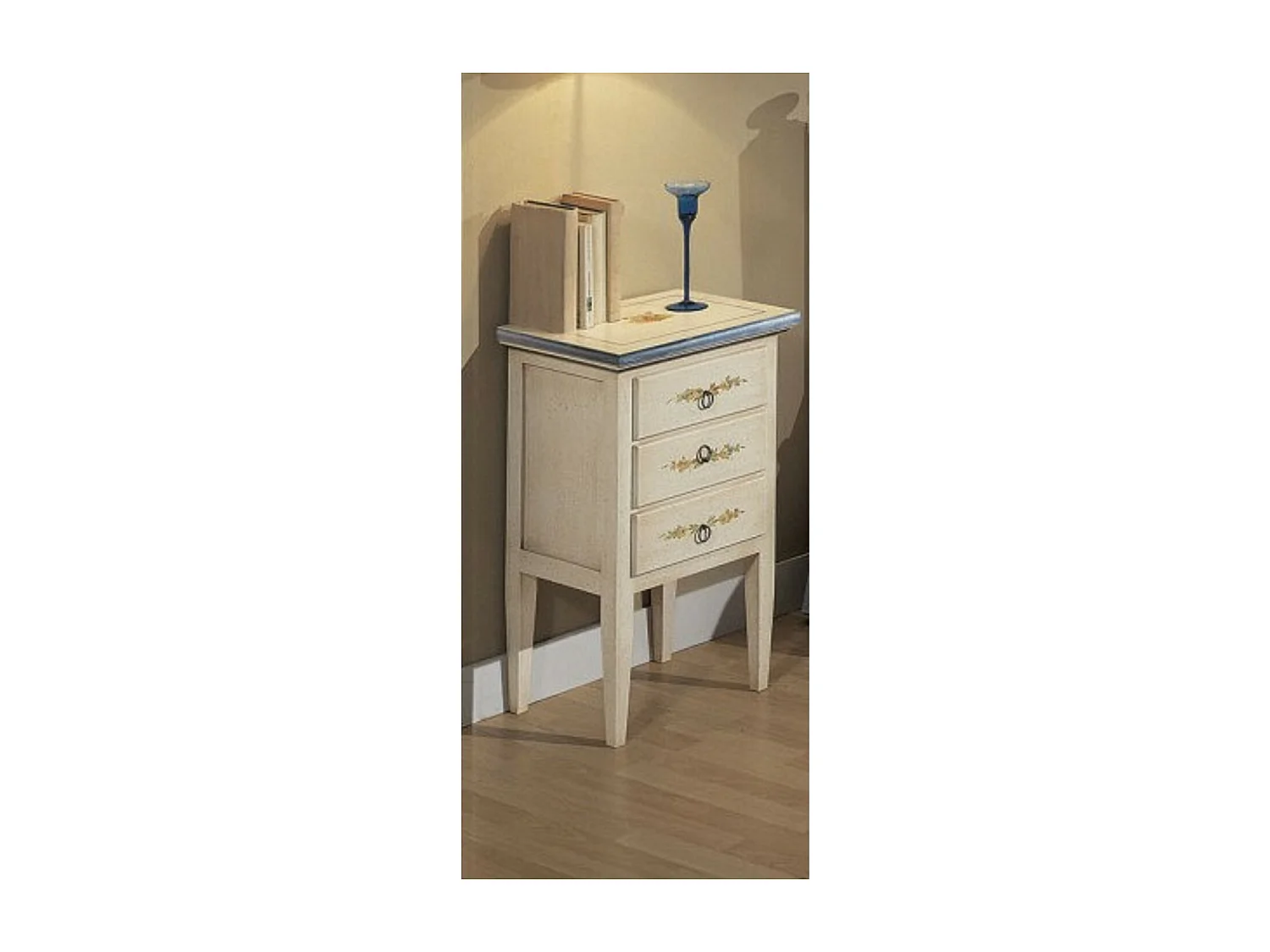MOBILI 2G - COMODINO 3 CASSETTI BIANCO FILO BLU IN LEGNO 43x33x70 (1323)