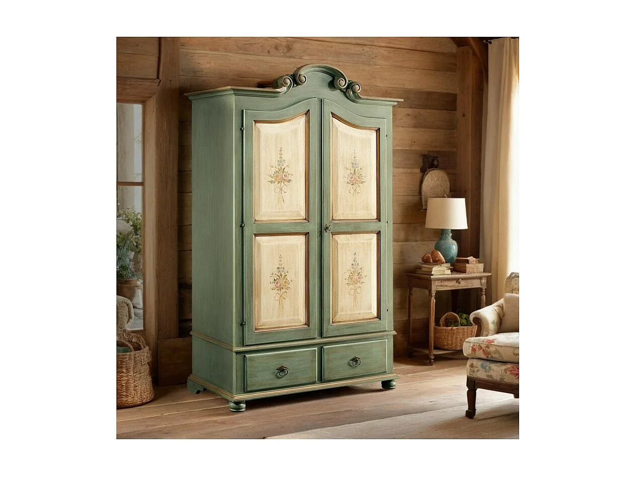 MOBILI 2G - ARMADIO IN LEGNO SHABBY VERDE AVORIO E FILO ECRU' 122X60X204 (1313)