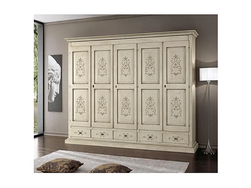 MOBILI 2G - Armadio 5 porte classico in legno avorio shabby 254x61x240 (687)