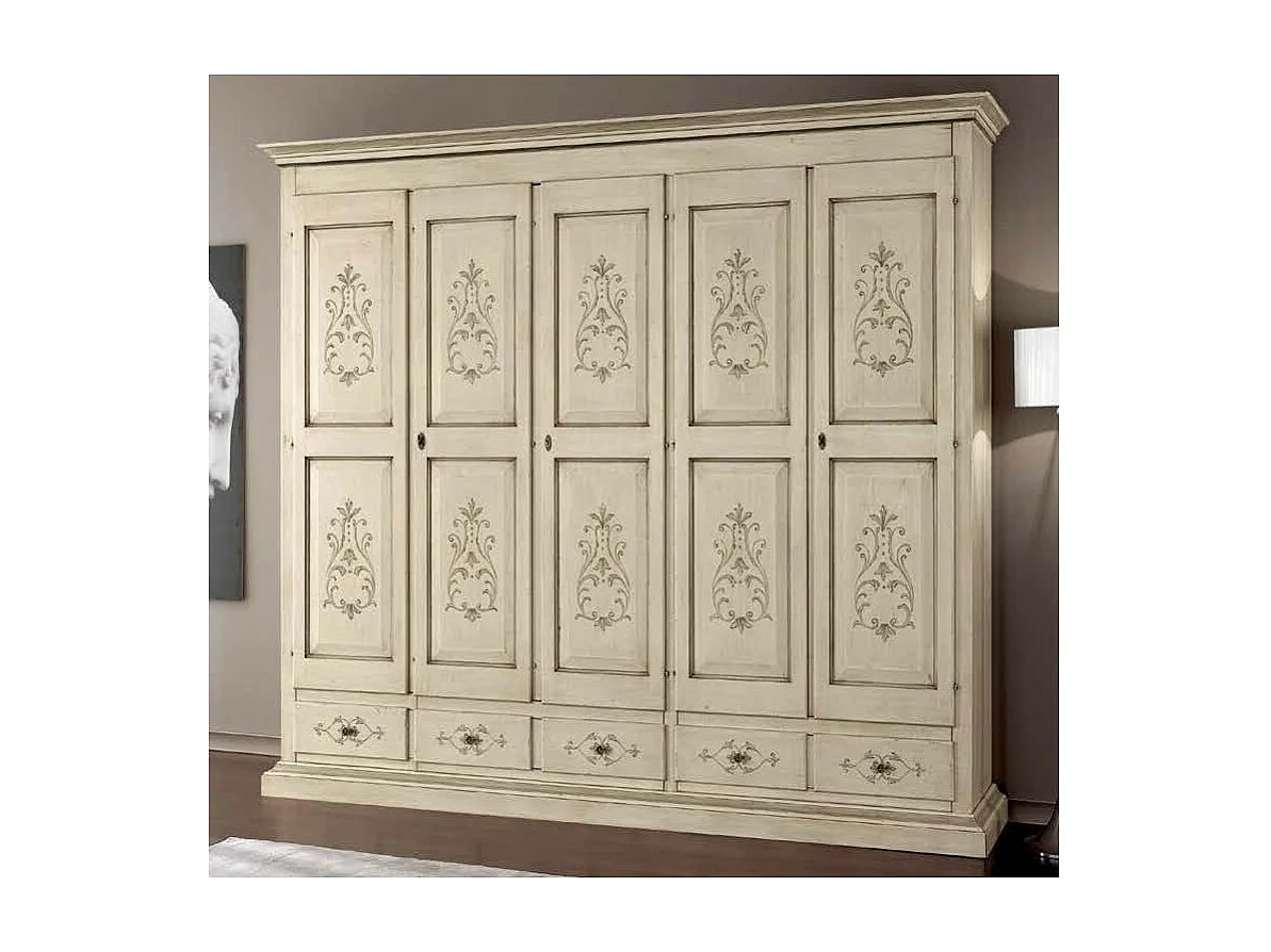 MOBILI 2G - Armadio 5 porte classico in legno avorio shabby 254x61x240 (687)