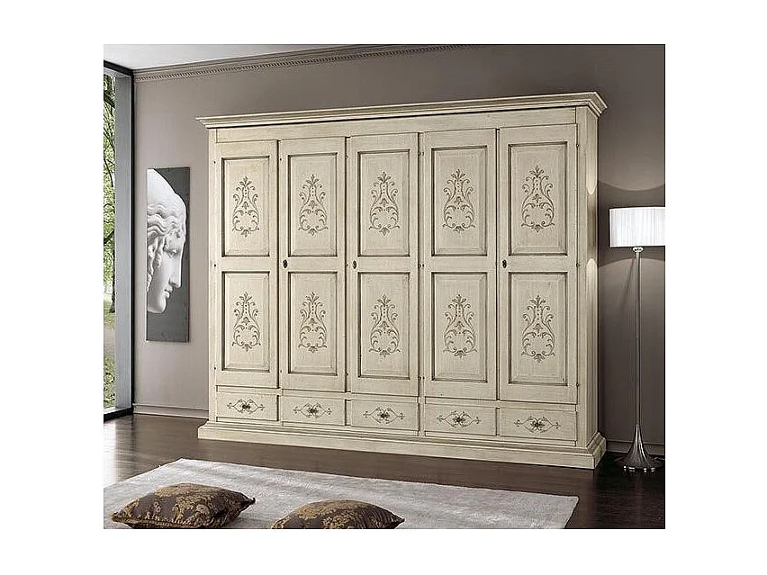 MOBILI 2G - Armadio 5 porte classico in legno avorio shabby 254x61x240 (687)