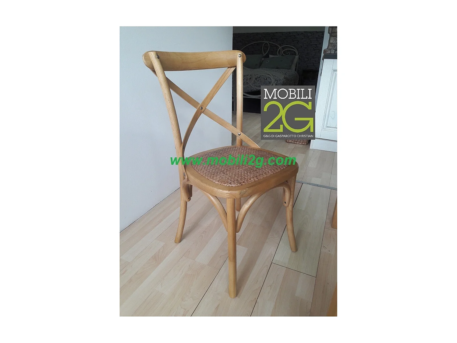 MOBILI 2G - SET 2 Sedie Cross Bistrot shabby vintage legno Olmo seduta rivestita Rattan naturale (914)