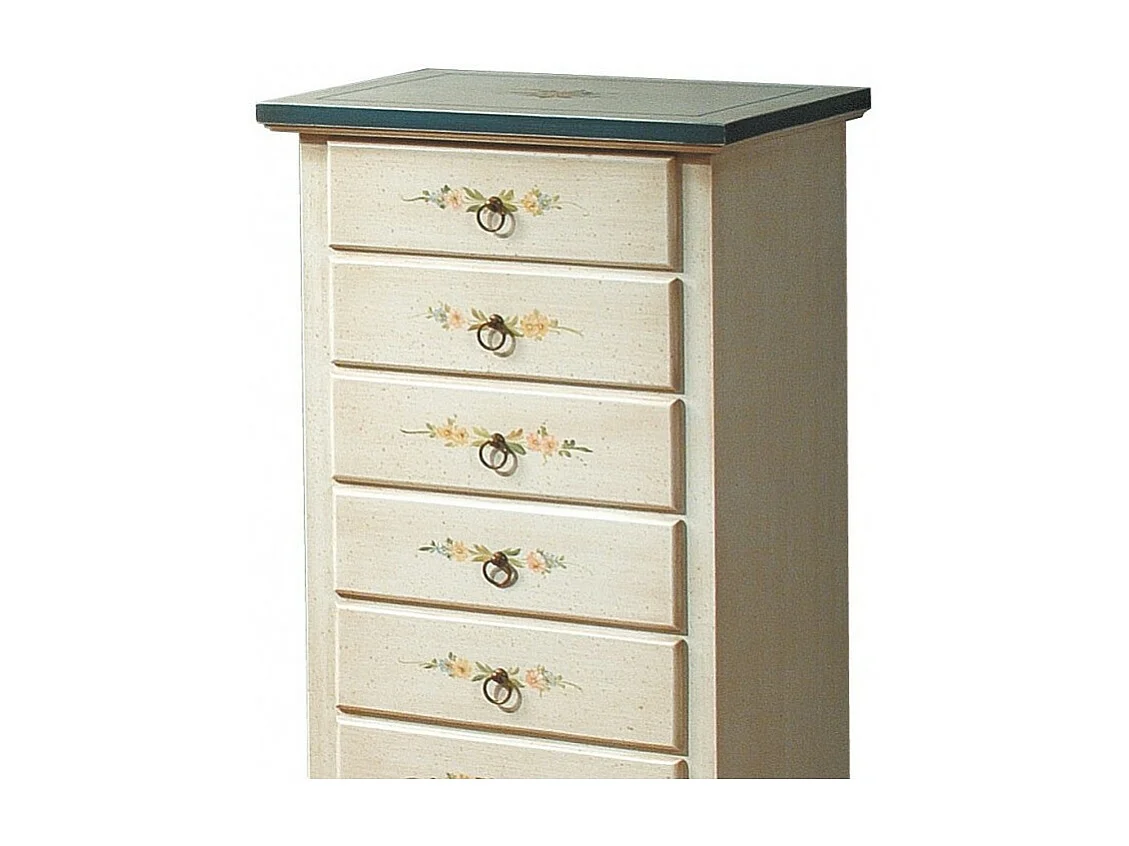 MOBILI 2G - Cassettiera 7 cassetti in legno arte povera laccato bianco con profili blu e decori L.49 x P.37 H.106 (1345)