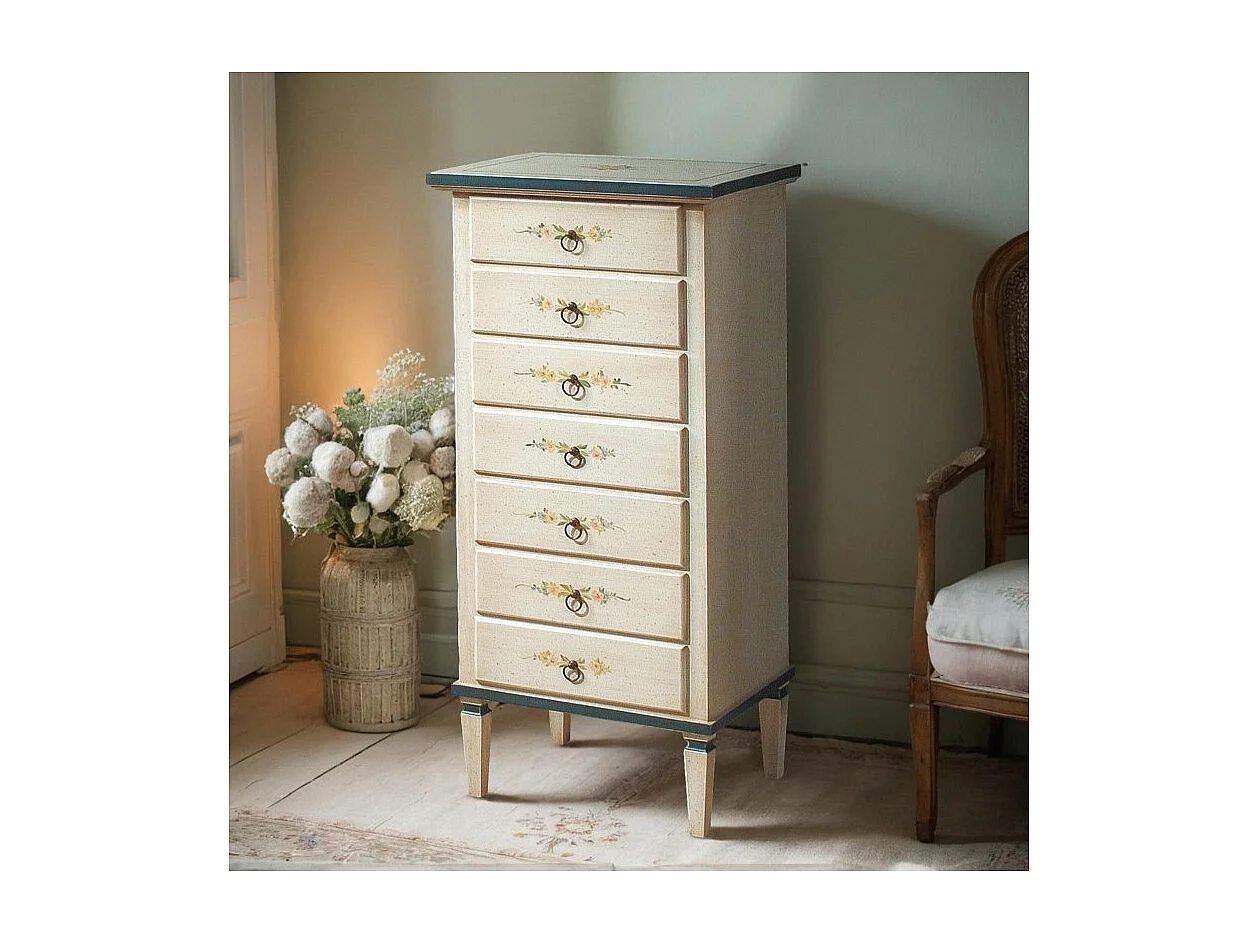 MOBILI 2G - Cassettiera 7 cassetti in legno arte povera laccato bianco con profili blu e decori L.49 x P.37 H.106 (1345)