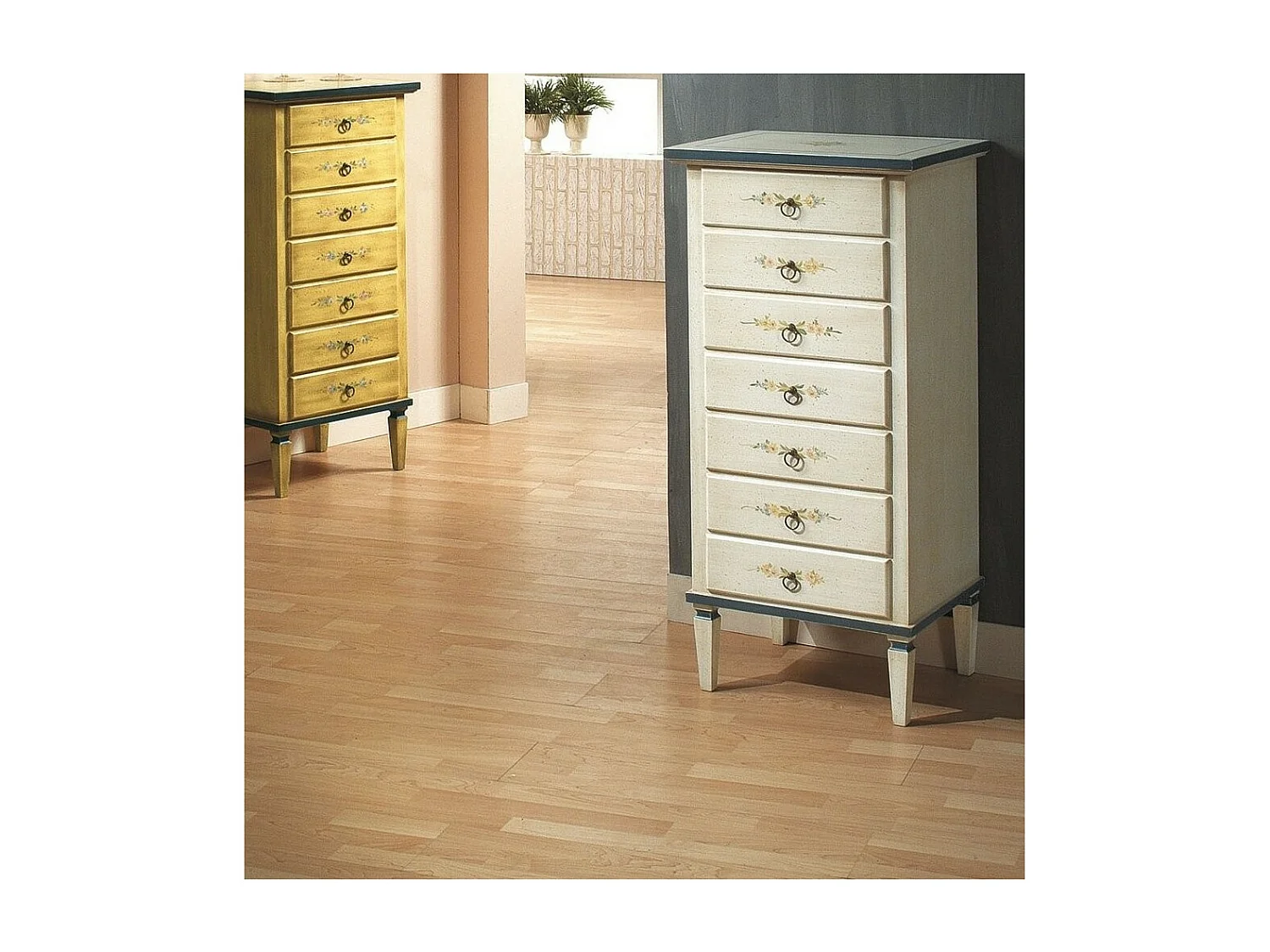 MOBILI 2G - Cassettiera 7 cassetti in legno arte povera laccato bianco con profili blu e decori L.49 x P.37 H.106 (1345)