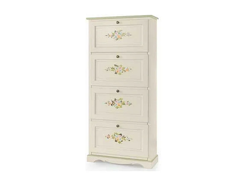MOBILI 2G - SCARPIERA 4 ANTE  LACCATO BIANCO  CON DECORAZIONI E PROFILI VERDI MISURE L.79 P.30 H.170 (505)