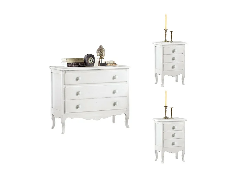 MOBILI 2G - Gruppo 1 Cassettiera 2 Comodini shabby bianco opaco (1305) (1306)