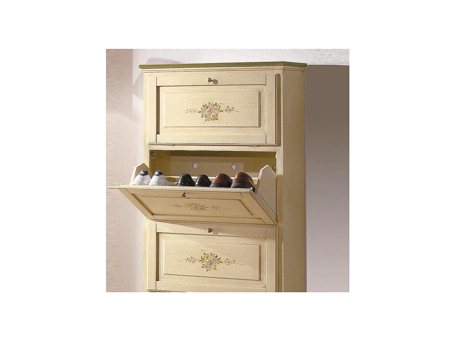 MOBILI 2G -  SCARPIERA 4 ANTE IN LEGNO MASSELLO AVORIO/VERDE L.80 x P.30 H.170 (1221)