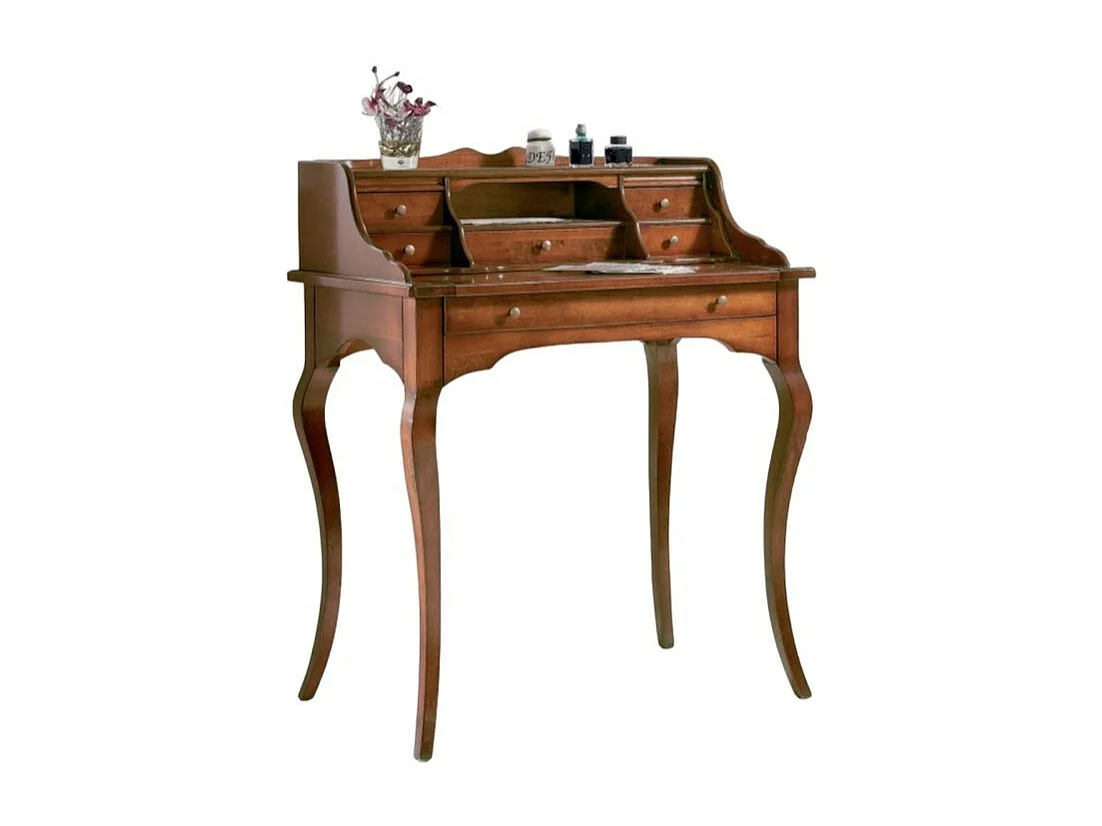 MOBILI 2G - SCRIVANIA IN LEGNO ARTE POVERA 6 CASSETTI TINTA NOCE 78x49x96 (532)