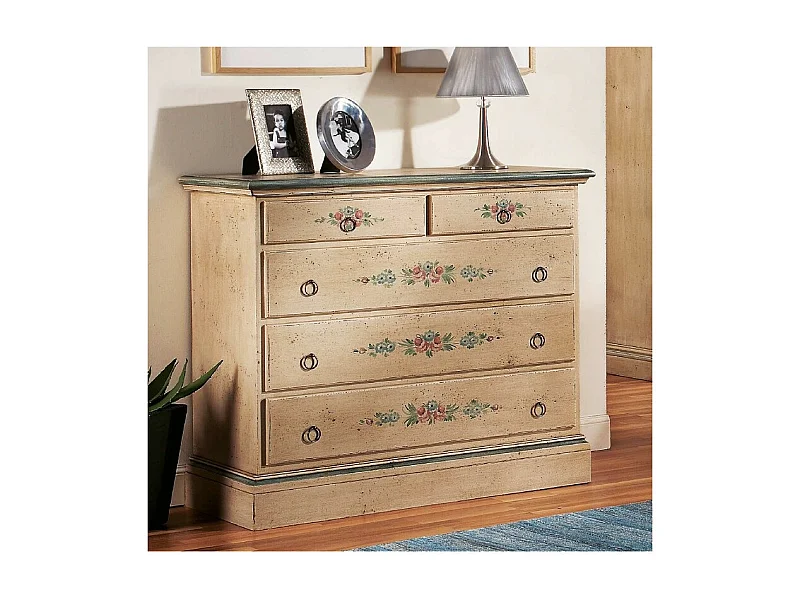 MOBILI 2G -  Cassettiera arte povera 5 cassetti legno shabby avorio 117x51x101 (1429)
