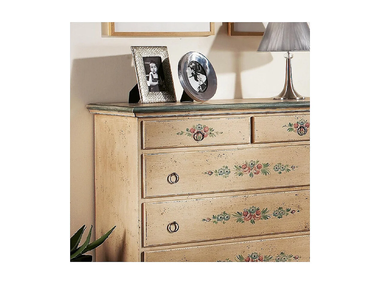 MOBILI 2G -  Cassettiera arte povera 5 cassetti legno shabby avorio 117x51x101 (1429)