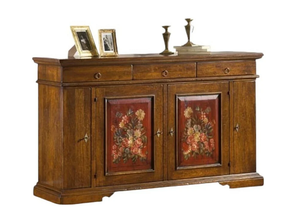 MOBILI 2G - Madia Credenza in legno 4 porte noce antico con decori 201x 52 x114 (1420)