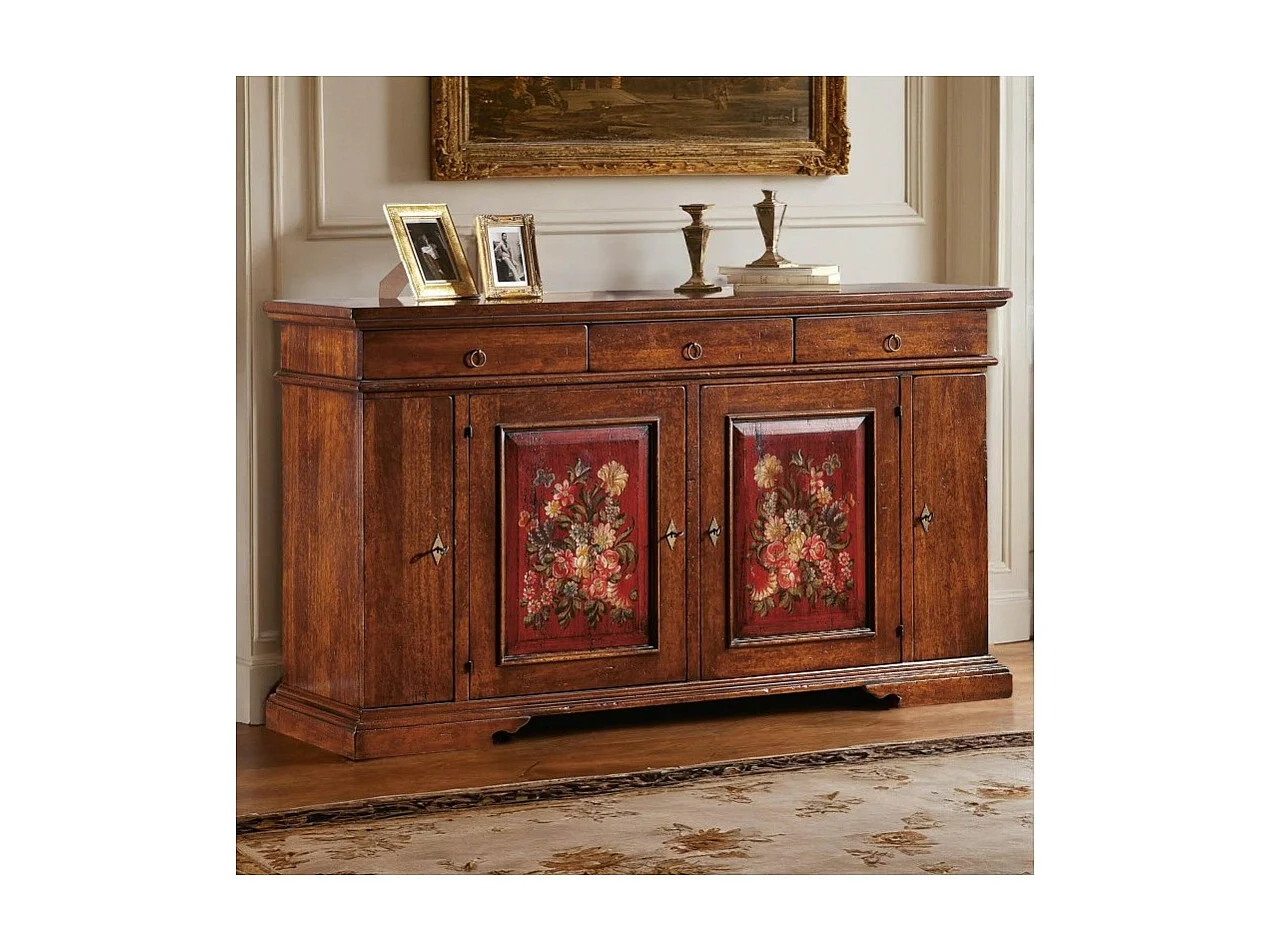 MOBILI 2G - Madia Credenza in legno 4 porte noce antico con decori 201x 52 x114 (1420)