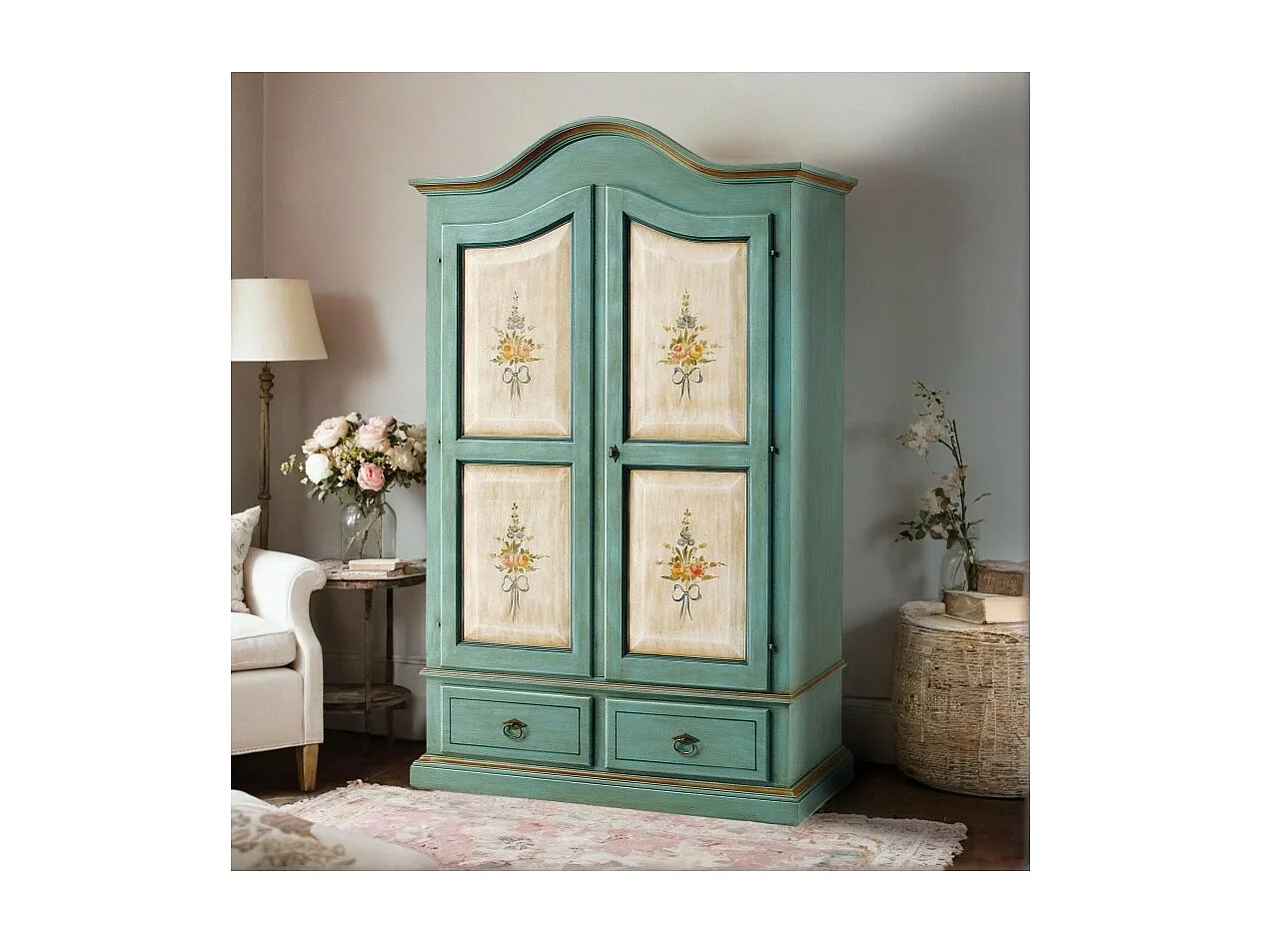 MOBILI 2G - ARMADIO CLASSICO IN LEGNO BICOLORE AZZURRO E DECORI L.122 P.60 H.200 (1315)