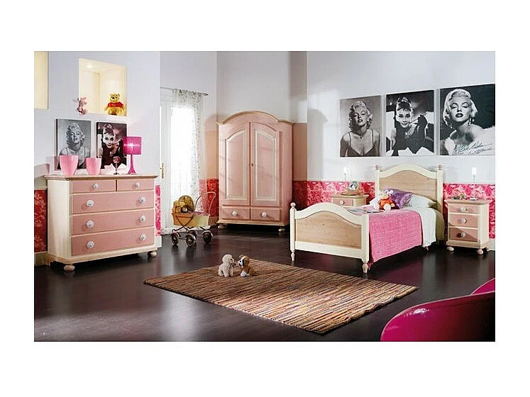MOBILI 2G - CAMERETTA DA LETTO SINGOLO LEGNO MASSELLO COLORE ROSA