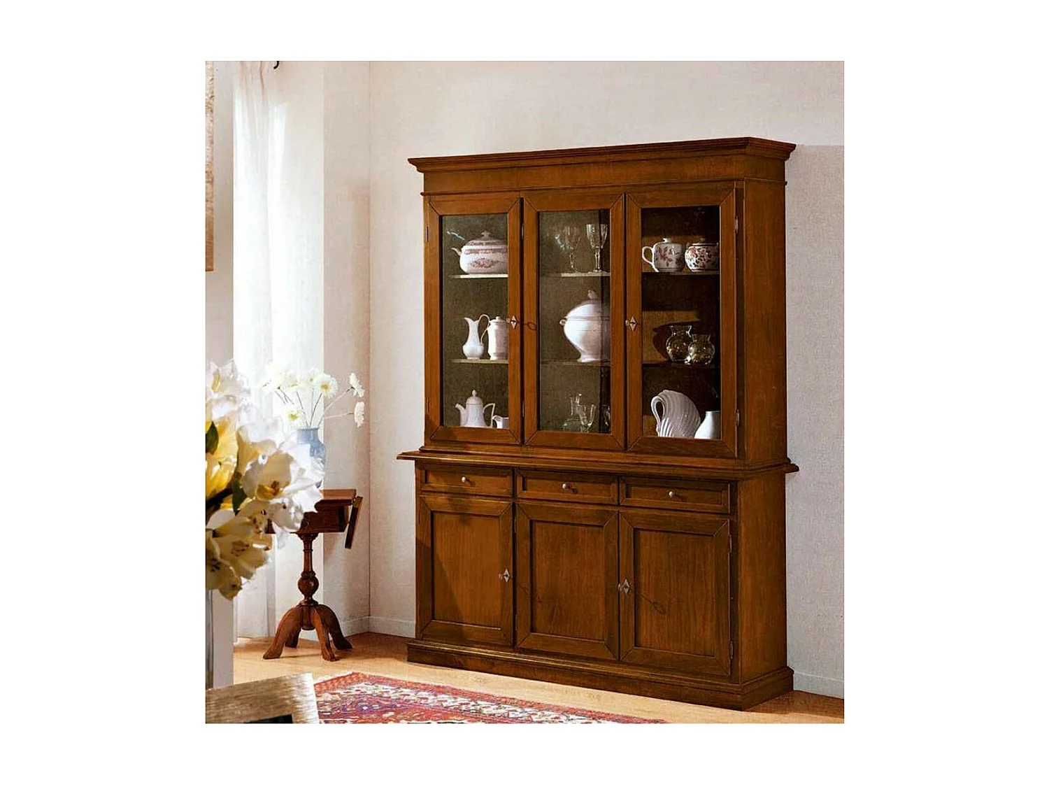 MOBILI 2G - Cristalliera 3 porte in legno noce arte povera 155x42x210 (381)