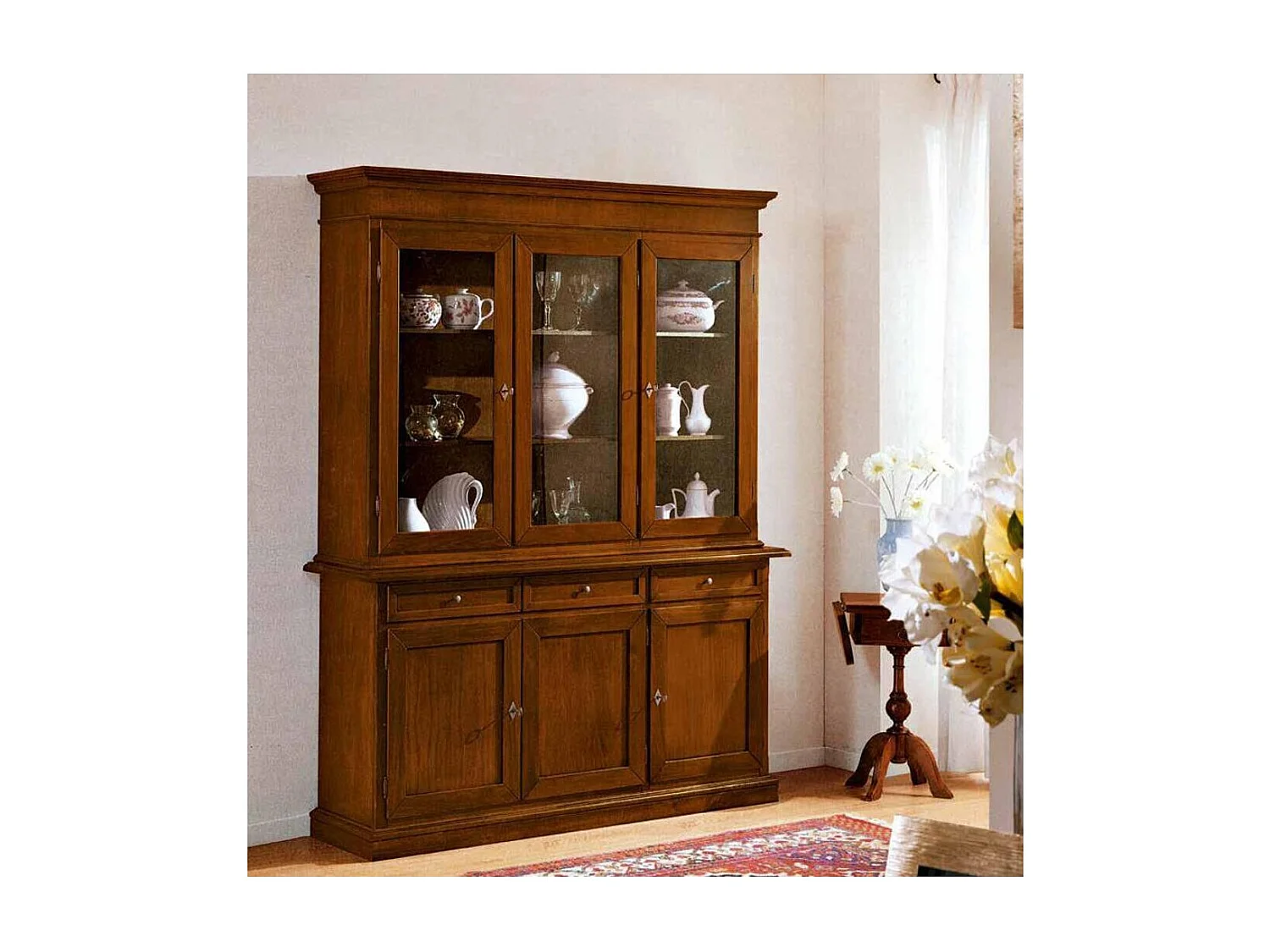 MOBILI 2G - Cristalliera 3 porte in legno noce arte povera 155x42x210 (381)