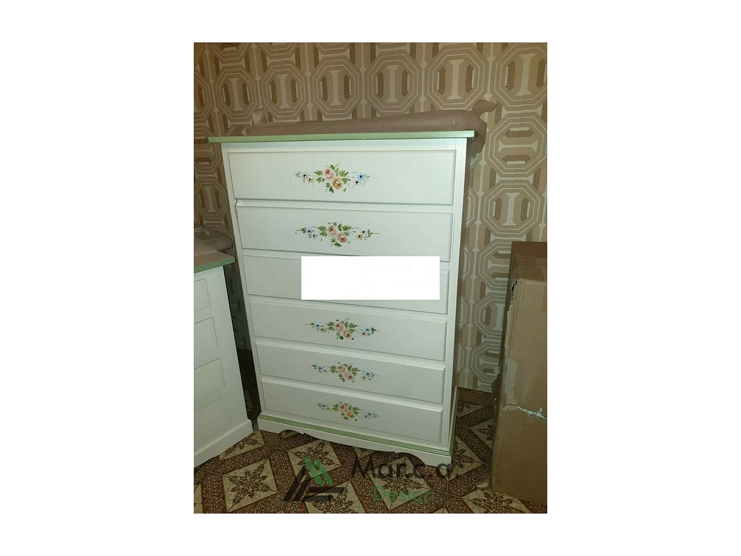 MOBILI 2G - Cassettiera 6 cassetti legno shabby bianco decori 97x49X140 (491)